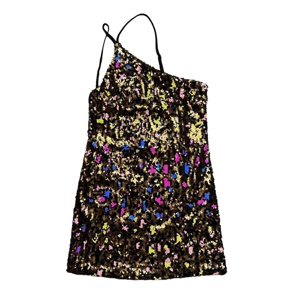 Dress the Population x Cosmopolitan Leopard Sequin One Shoulder Mini Dress US XS